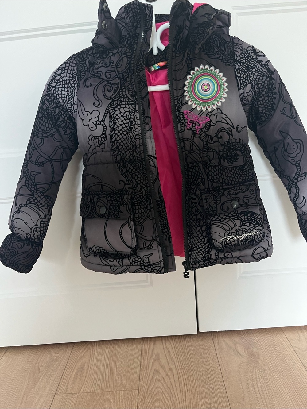 Girls' Black Printed Puffer Jacket with Pink Lining - Kids Jackets & Coats